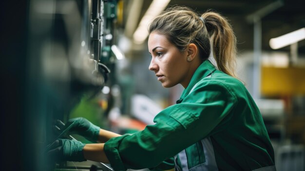 Magio de una mujer joven de unos veinte años trabajando en una línea de ensamblaje en una planta moderna