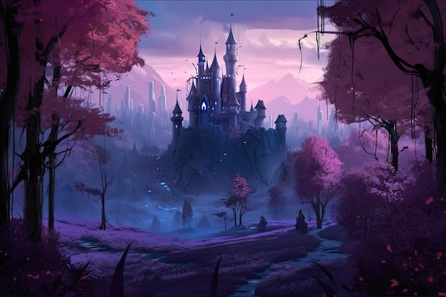 Magisch dunkelvioletter Wald mit verzaubertem Schloss in der Ferne, erstellt mit generativer KI