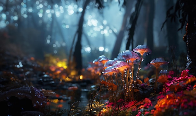 Magisch leuchtende Fantasiepilze im verzauberten, märchenhaften, verträumten Wald. Neonleuchtende Herbstfarben