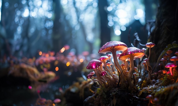 Magisch leuchtende Fantasiepilze im verzauberten, märchenhaften, verträumten Wald. Neonleuchtende Herbstfarben