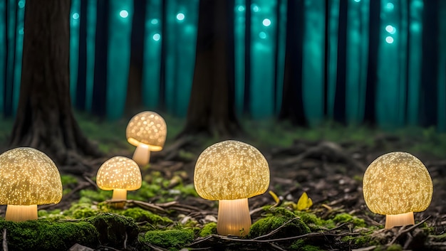Foto magisch leuchtende pilze im wald