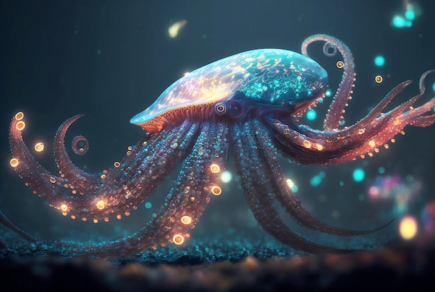 Magisch leuchtende transparente Oktopus-Nahaufnahme in satten Farben aus nächster Nähe