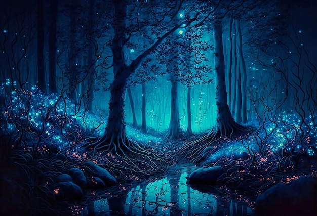 Magisch leuchtender blauer Wald bei Nacht
