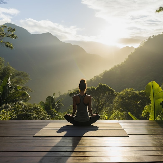 Magische Berg-Yoga-Seligkeit im Freien im tropischen Sonnenaufgang