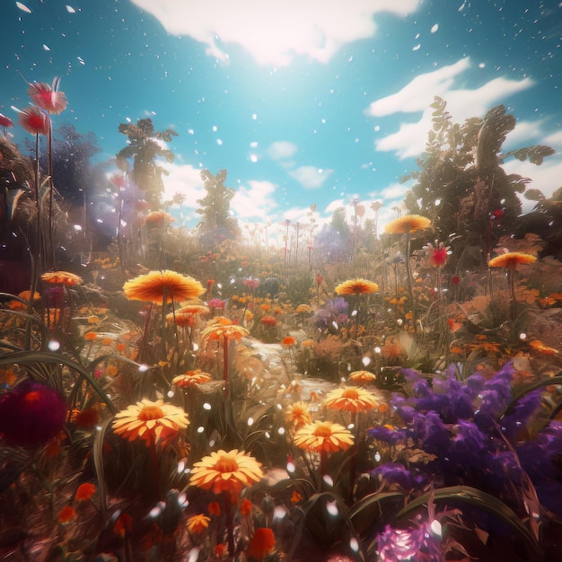 Magische Blumen wachsen auf dem Feld mit fantastischem Himmel. Wunderschönes Illustrationsbild. Generative KI