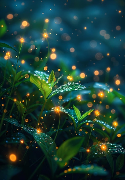 Foto magische fantasie leuchtende blätter im dunklen wald in der nacht