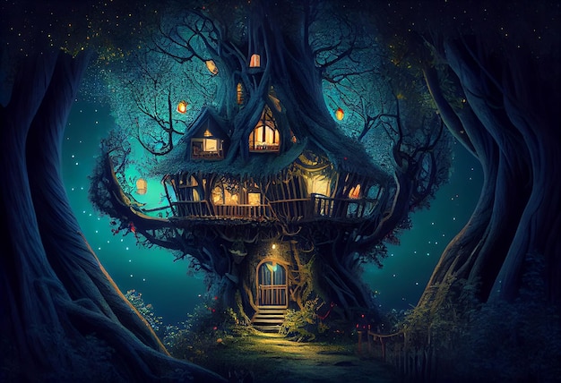 Foto magische fantasy-märchenlandschaft eines baumhauses bei nacht in einem wald. generieren sie ai