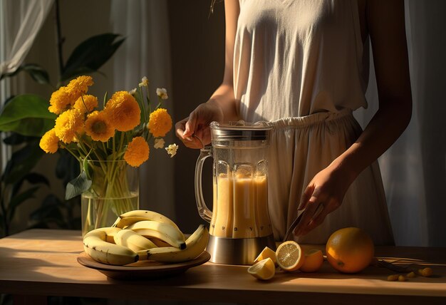 Magische gesunde Abendfrau bereitet frischen Frucht-Smoothie in funkelnder Atmosphäre vor