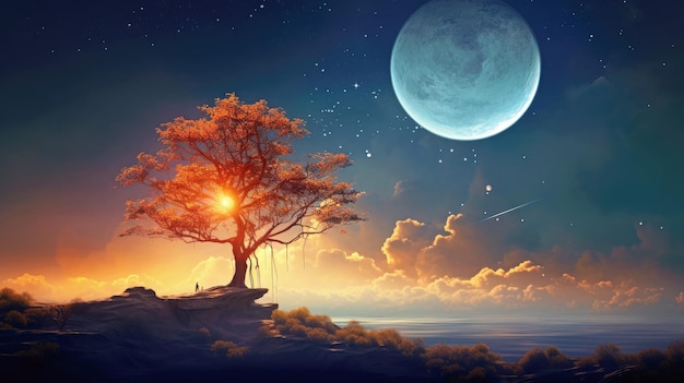 Magische Landschaft mit Baum, Mond und Sternenhimmel, KI-generierte Illustration