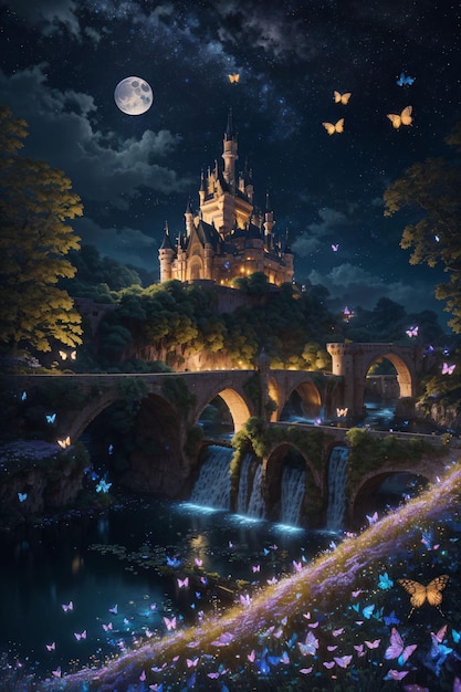 Magische Landschaft mit leuchtenden Schmetterlingen bei Nacht, Burgbrücken und See