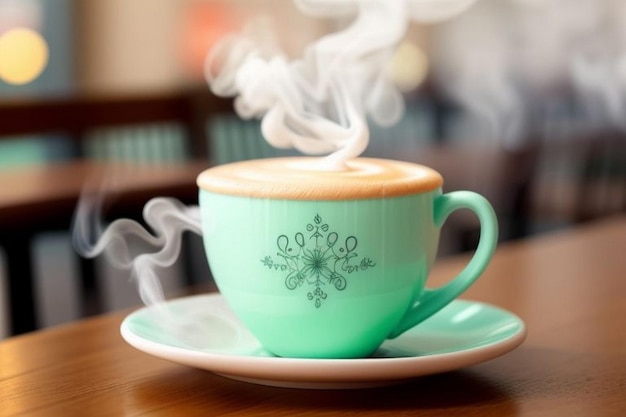 magische Neon-Aquarell-Latte-Kunst kompliziertes Design Dampf steigt aus der Tasse