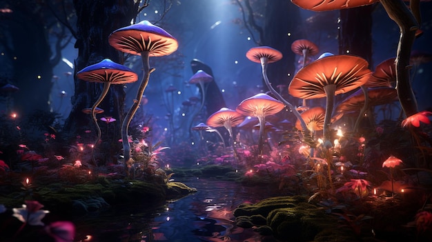 Magische Pilze im Wald in der Nacht