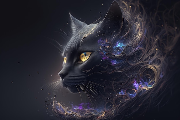 Magische schwarze Katze mit Galaxien spiralisiert Raumnebelsterne rauchen Grafik