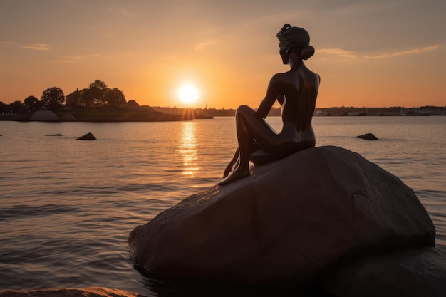 Magische Statue der kleinen Meerjungfrau in Kopenhagen Verzauberung durch das Meer generative IA