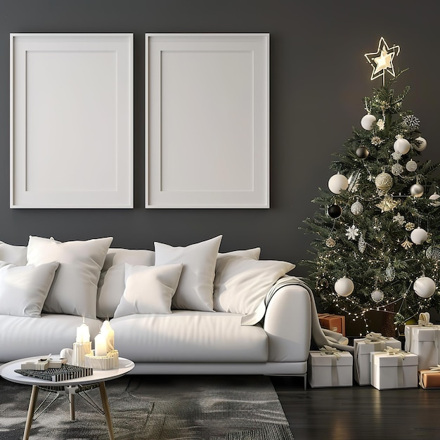 Magische Weihnachtswohnzimmer-Mockup mit leeren weißen Rahmen