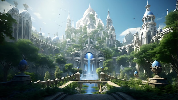 magische Welt verzierte Architektur leuchtende Kristalle Natur Fantasie Tapeten