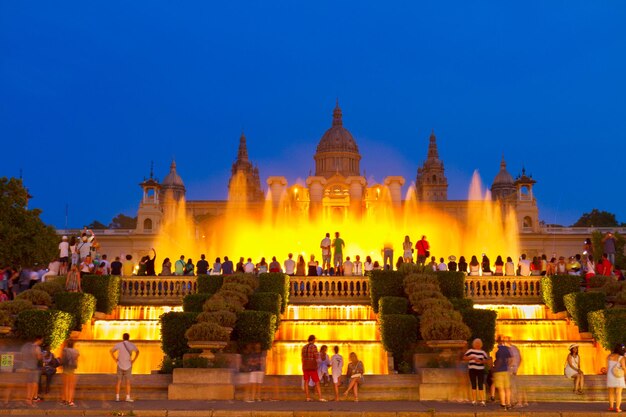 Magischer Brunnen in Gelbtönen und Nationalmuseum bei Nacht, Barcelona, Spanien