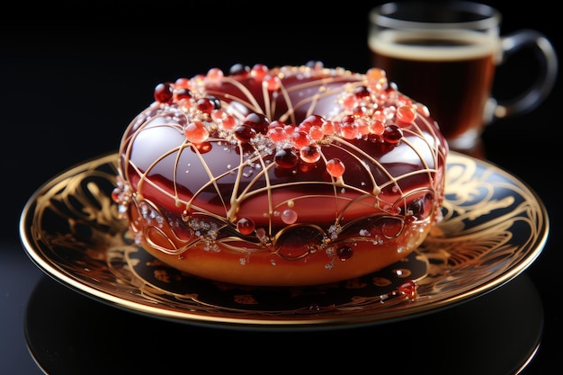 Magischer Donut überzogen mit Zuckerschokolade und Marmelade, umhüllt vom Duft des Kaffeegenerators IA