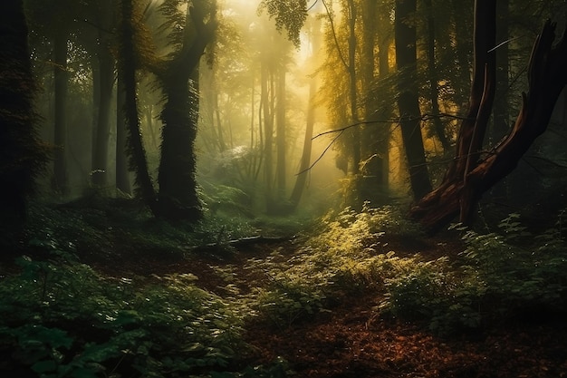 Magischer dunkelgrüner Wald im sanften Sonnenlicht