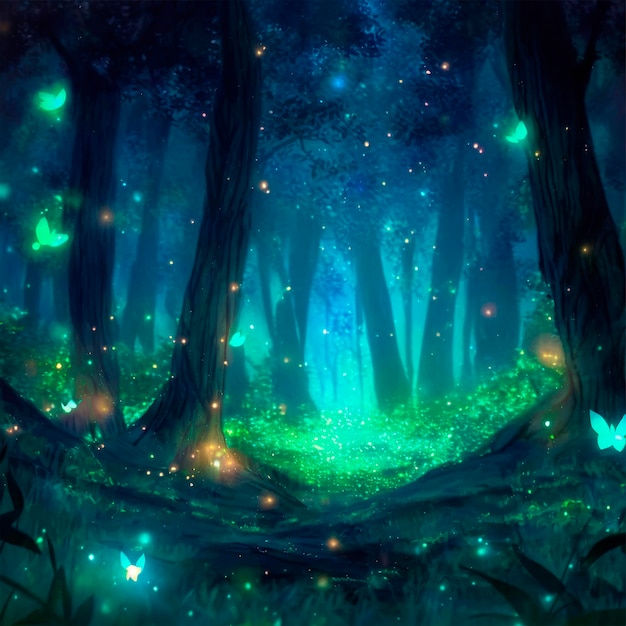 Magischer dunkler Märchenwald bei Nacht mit leuchtenden Lichtern. Surrealer Nachtdschungel mit leuchtenden Pflanzen und Blumen. KI