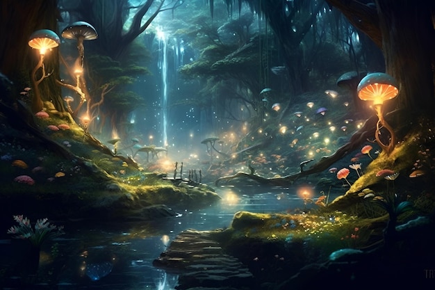 Magischer dunkler Märchenwald bei Nacht mit leuchtenden Lichtern und Pilzen Illustration Generative KI