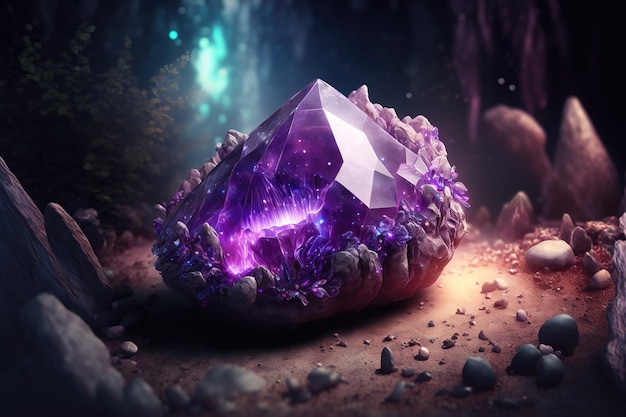 Magischer Fantasy-Kristall Amethyst mystisch leuchtet von innen Natürlicher violetter Kristallstein in der Waldhöhle eine Edelstein-3D-Illustration