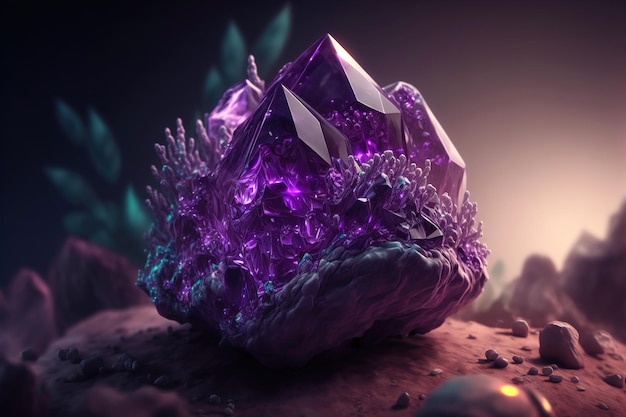 Magischer Fantasy-Kristall Amethyst mystisch leuchtet von innen Natürlicher violetter Kristallstein in der Waldhöhle eine Edelstein-3D-Illustration