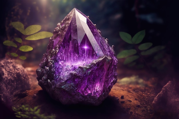 Magischer Fantasy-Kristall Amethyst mystisch leuchtet von innen Natürlicher violetter Kristallstein in der Waldhöhle eine Edelstein-3D-Illustration