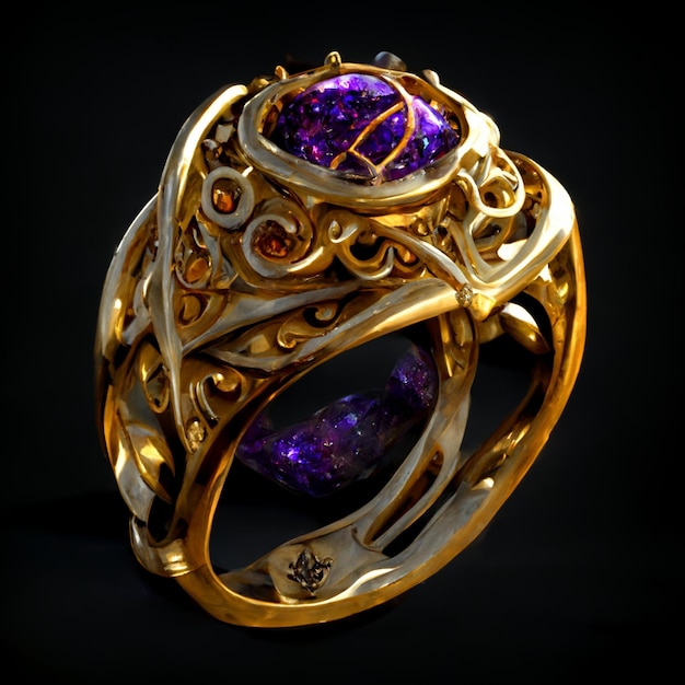 Magischer goldener Fantasiering mit generativem ai des purpurroten Diamanten