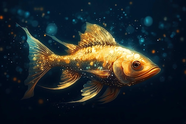 Magischer Goldfisch isoliert auf dunkelblauem Hintergrund Generative KI-Illustration