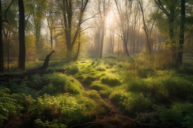 Magischer grüner Wald im sanften Morgensonnenlicht