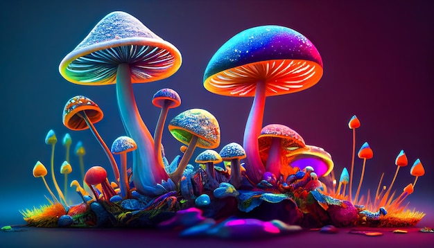 Magischer Pilzgarten mit lebendigen Farbtönen Halluzinogene Pilze Generative KI