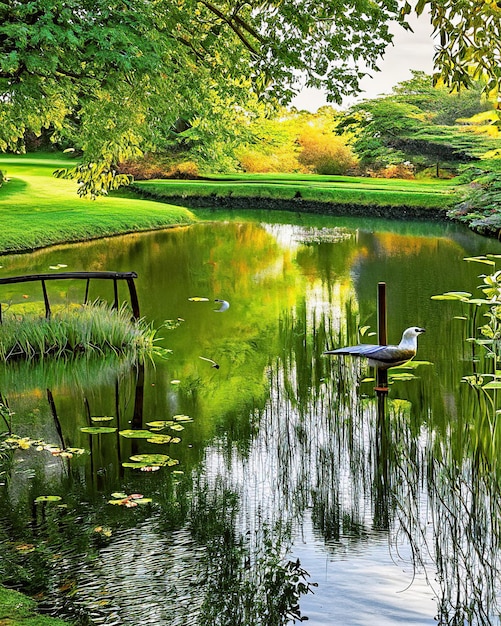 Magischer See, Gartenteiche, Vegetation, Blumen, Wasser, Bäume, Landschaft