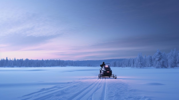 Foto magischer sonnenuntergang bobschlittenfahrer über schneebedeckten boden in der norwegischen natur