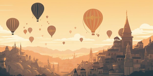 Magischer Sonnenuntergang der Stadt in den Bergen mit Heißluftballons