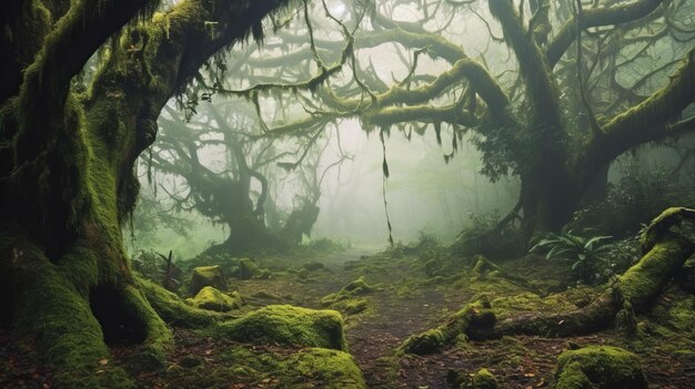 magischer tiefer Wald mit Moos und Nebel