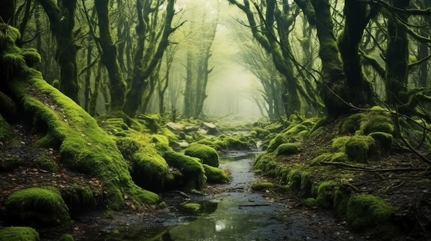 magischer tiefer Wald mit Moos und Nebel