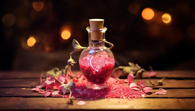 magischer Valentinstagstrank mit Zutaten wie Rosenblättern und Sternenstaub, der von AI erzeugt wird