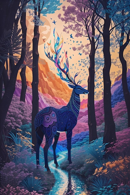 Magischer Wald mit einem Reh Digitale Malerei künstlerische Illustration