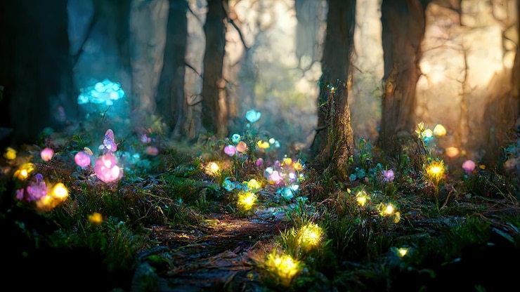 Foto magischer wald mit leuchtenden bunten lichtern
