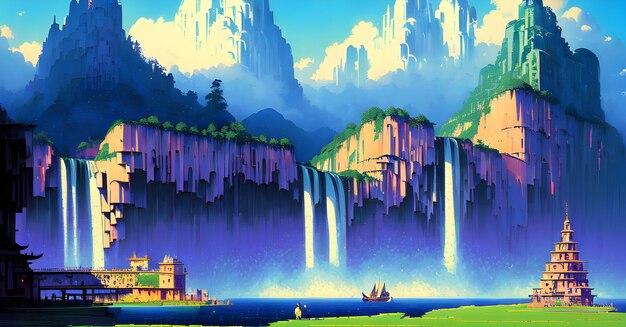 Magischer Wasserfall Dschungelwald Illustration Flussbach auf Landschaftshintergrund Generative KI für Kinderbuchgeschichten Märchen