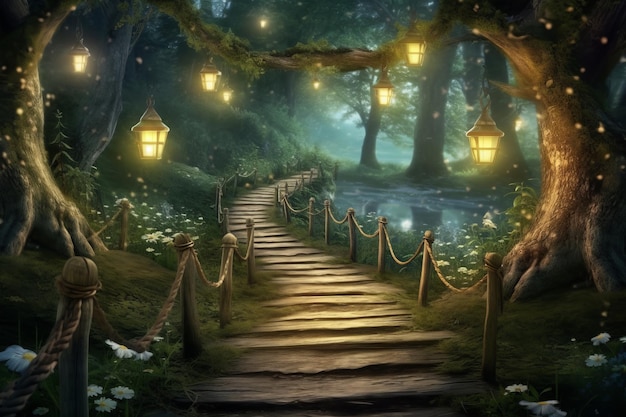 Magischer Weg durch den Zauberwald, beleuchtet mit generativer KI mit funkelndem Licht