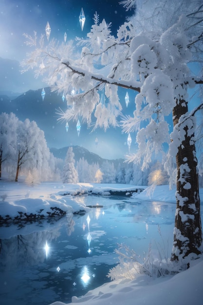 Magischer Wintersee in der Mitte des alpinen Baumwaldes, bedeckt von Schneeflocken und Eis
