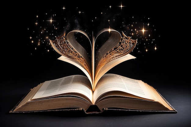 Magisches offenes Buch mit Licht und Schmuck auf schwarzem Hintergrund