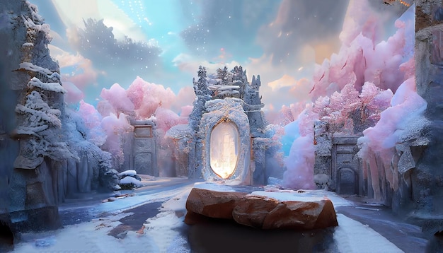 Magisches Portal auf Winterlandschaftsmärchenhintergrund mit Eiskristall-Türspiegel oder Tor mit verschneiter Landschaft des Fantasieschlosses mit glühendem Eingang auf Felsen unter bewölktem grauem Himmel 3D-Illustration