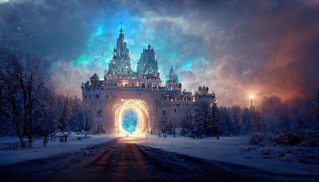 Magisches Portal mit einem Märchenschloss im blauen Licht im Winter