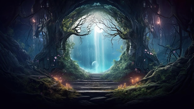Magisches Portal zum nächtlichen Fantasiewald. Dunkler, geheimnisvoller Wald mit einer magischen Spiegel-3D-Illustration