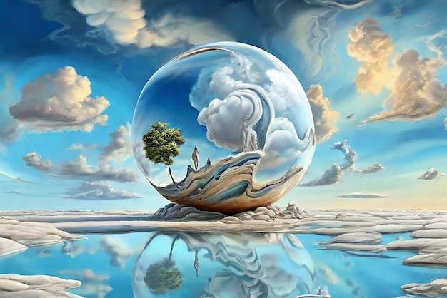 magisches und surreales Kunstbild mit einem herrlichen Sommerhimmel als Glaskugelhintergrund