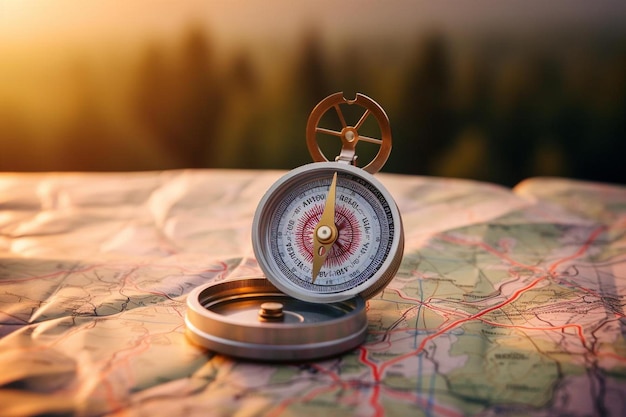 Magnetischer Kompass und Standortmarkierung mit einer Nadel auf Routen auf der Weltkarte Abenteuer Entdeckung