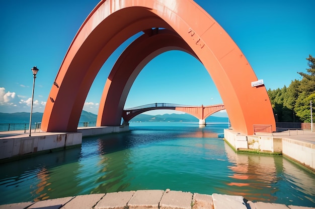 La magnífica arquitectura del puente cruzado por el océano diseño del puente de aguas profundas fondo de papel tapiz